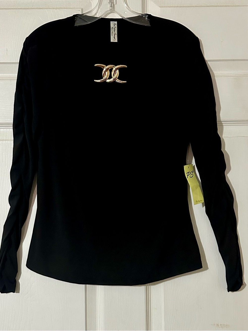 Women's Black Long-Sleeve Top with Gold Accent